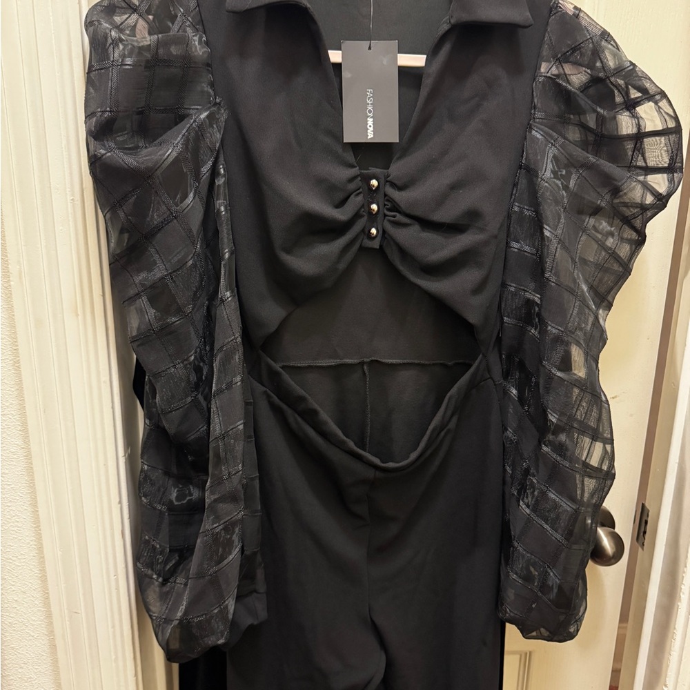 Black Women's Jumpsuit with Sheer Sleeves
